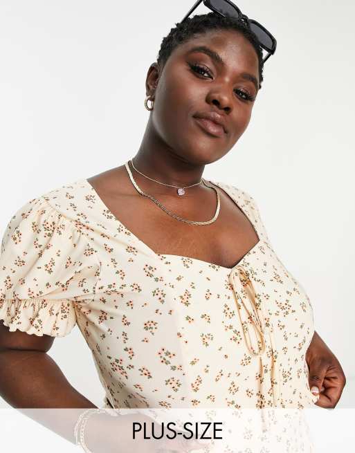 Wednesday's Girl Curve - Melkmeisjes-crop top met pofmouwen in fijne bloemenprint, deel van co-ord set