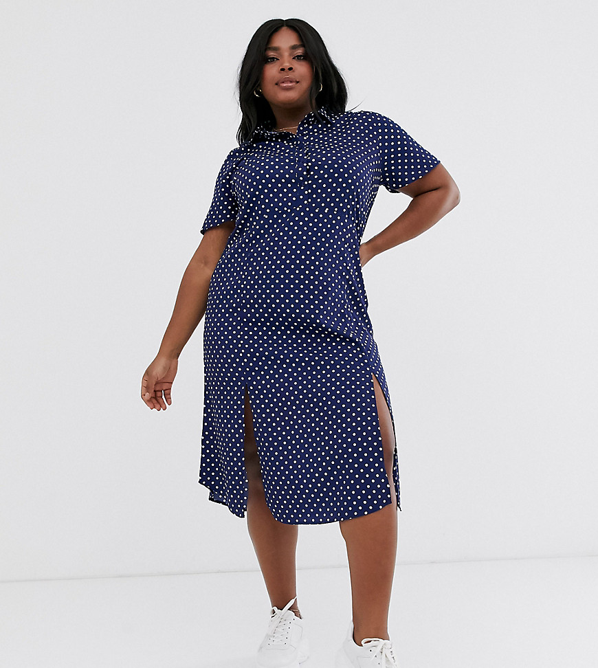 Wednesday's Girl Curve midaxi shirt dress with front splits in polka-Navy