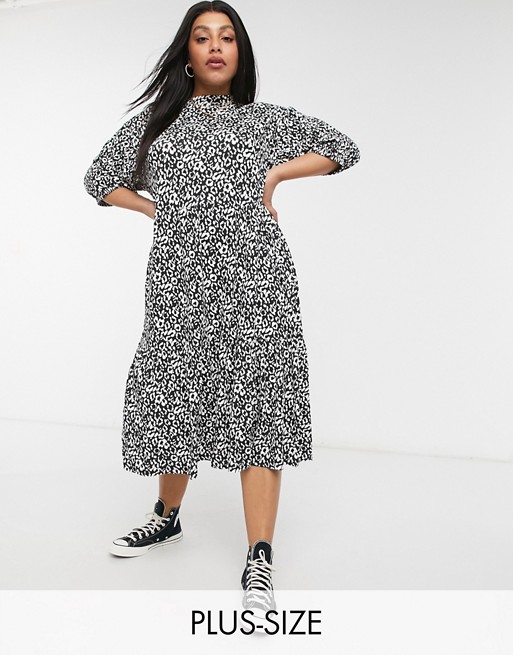Wednesday's Girl Curve midi dress with tiered skirt in monochrome animal print