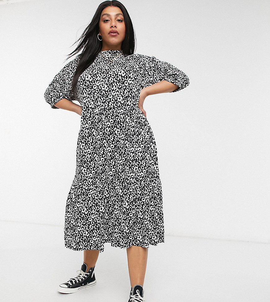 Wednesday's Girl Curve midi dress with tiered skirt in monochrome animal print-Black