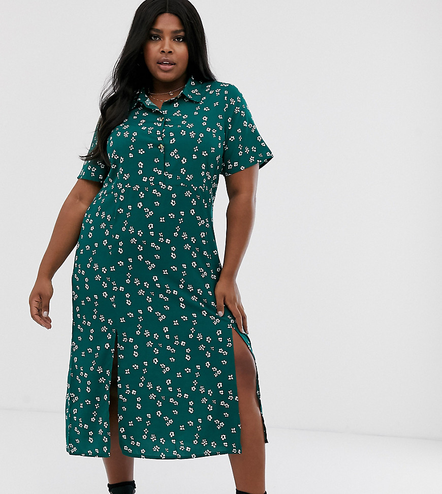 Wednesday's Girl - Curve - Midi-jurk met split met fijne bloemenprint-Groen