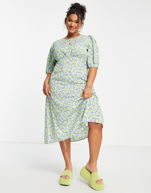 Wednesday s Girl Curve midi shift dress in blue yellow floral