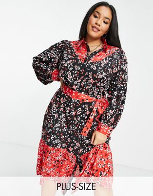 Wednesday's Girl Curve midi shirt dress in mix floral with tie waist