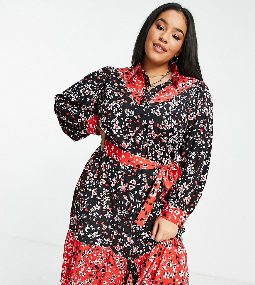 Wednesday's Girl Curve midi shirt dress in mix floral with tie waist-Multi