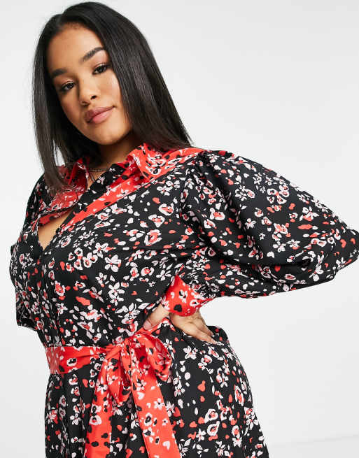 Wednesday's Girl Curve midi shirt dress in mix floral with tie waist