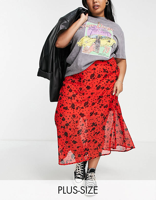 Wednesday's Girl Curve - midi skirt in red black floral