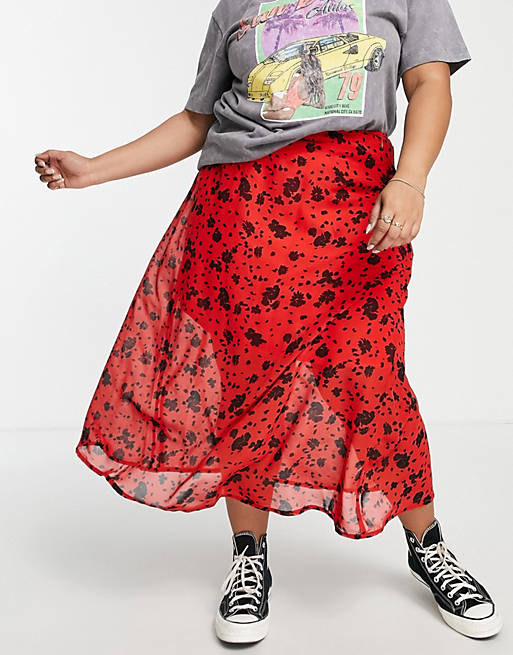  Wednesday's Girl Curve midi skirt in red black floral 