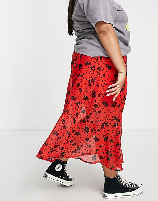  Wednesday's Girl Curve midi skirt in red black floral 