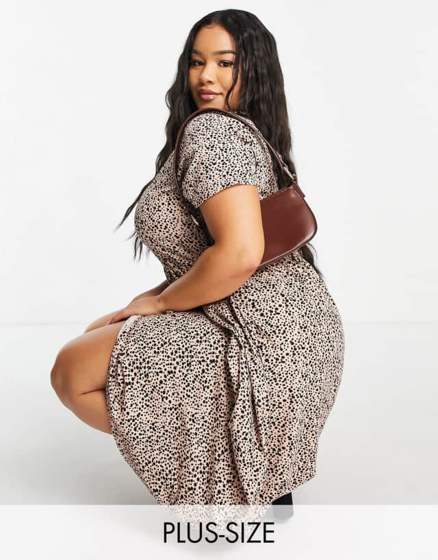 Wednesday's Girl Curve midi smock dress in beige smudge spot print