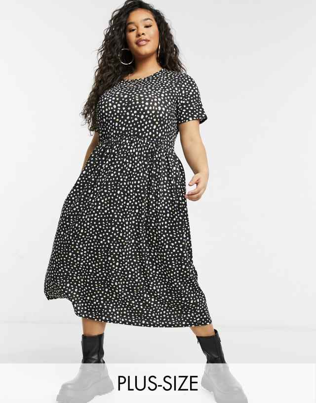 Wednesday's Girl Curve midi smock dress in black smudge spot print