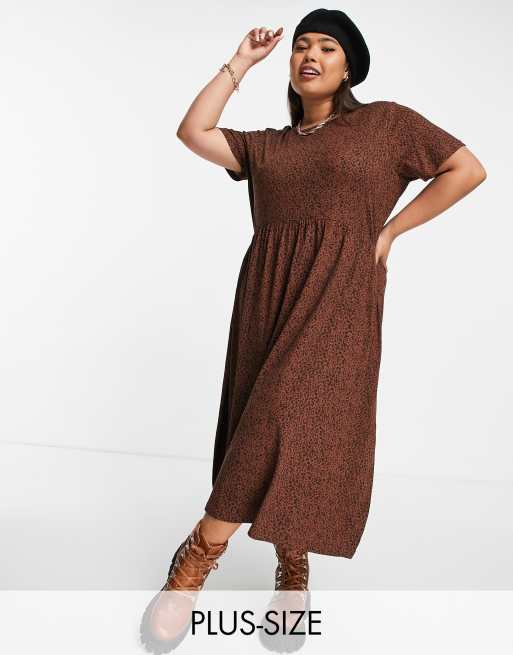 Wednesdays Girl Curve Midi Smock Dress In Brown Smudge Spot Print Asos