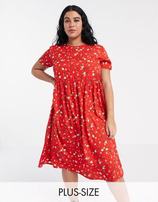 фото Свободное платье миди с мелким цветочным принтом wednesday's girl curve-красный
