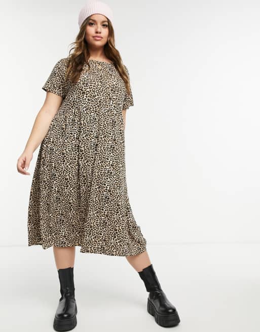 Collusion leopard print midi hotsell smock dress