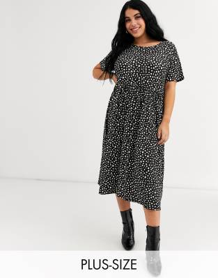 Wednesday's Girl Curve midi smock dress in smudge polka dot-Navy