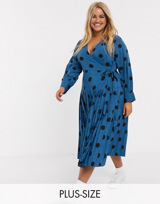 Wednesday's Girl Curve midi wrap dress with pleated skirt in large scale spot