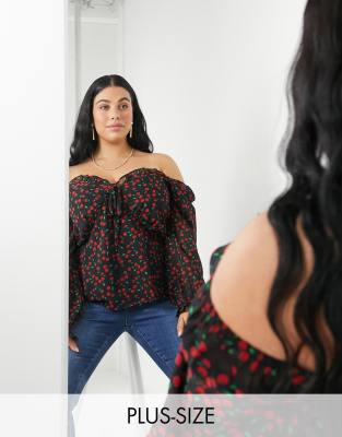 Wednesday's Girl Curve Wednesday's Girl Curve milkmaid top in cherry print-Black