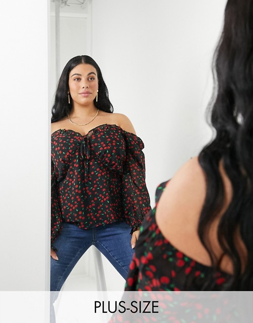 Wednesday's Girl Curve milkmaid top in cherry print
