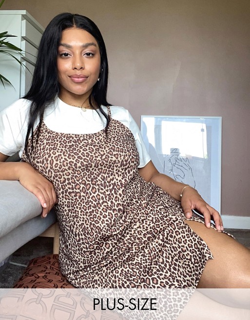 Wednesday's Girl curve mini cami dress with t-shirt inner in leopard print