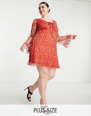 Wednesday's Girl Curve mini long sleeve tea dress in red ditsy floral mesh