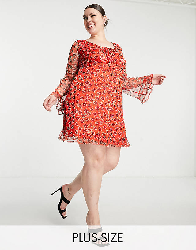 Wednesday's Girl Curve - mini long sleeve tea dress in red ditsy floral mesh