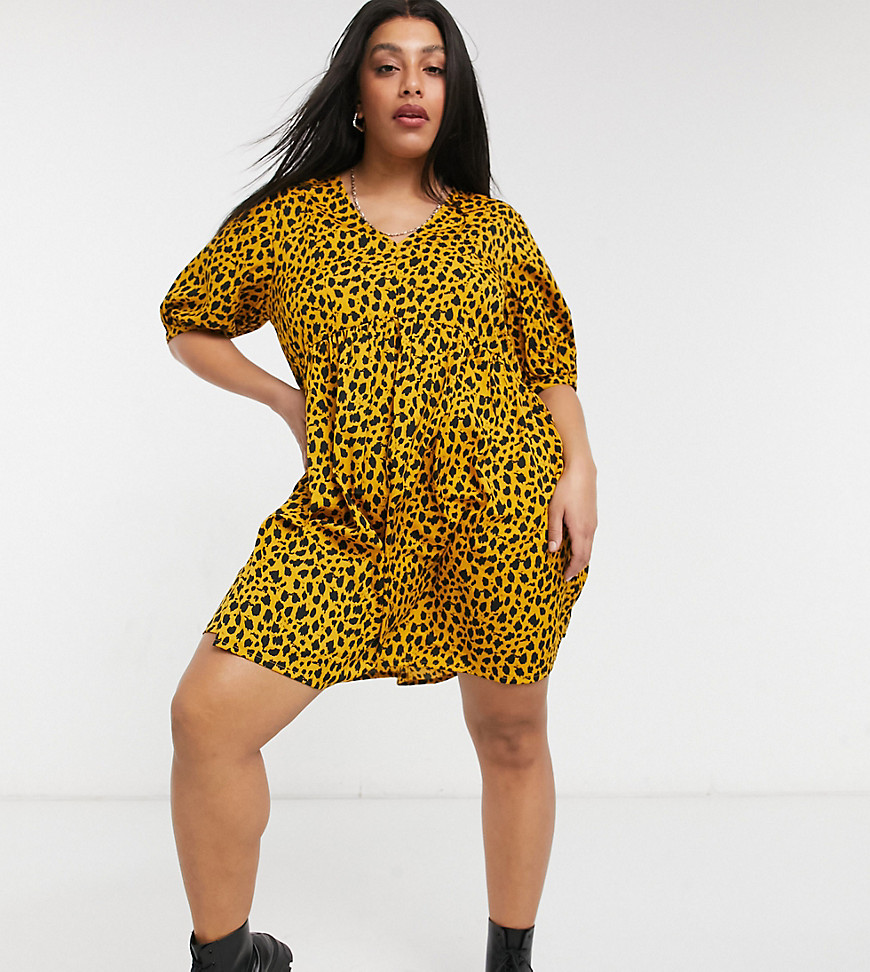 Wednesday's Girl Curve mini smock dress in all-over animal print-Yellow