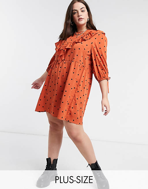 Wednesday's Girl Curve mini smock dress with frill collar and tie sleeves in scattered spot