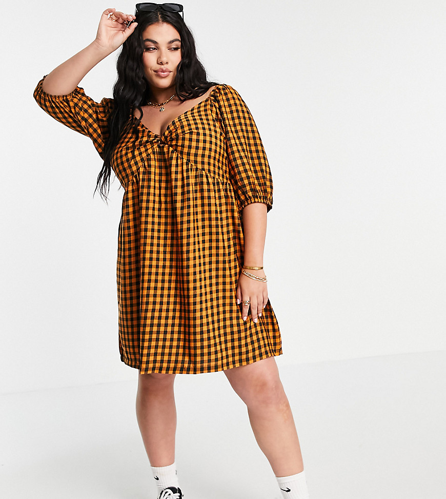 Wednesday's Girl Curve mini smock dress with puff sleeves in contrast gingham-Multi