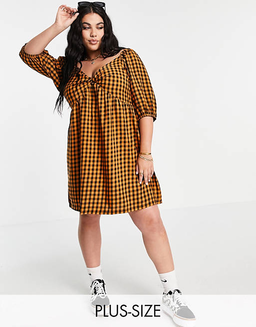 Wednesday's Girl Curve mini smock dress with puff sleeves in contrast gingham