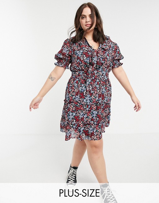 Wednesday's Girl Curve mini smock dress with tie collar in wallpaper floral