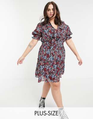 Wednesday's Girl Curve mini smock dress with tie collar in wallpaper ...