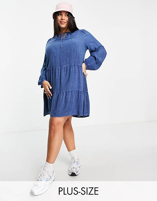 Women Wednesday's Girl Curve mini smock dress with tiered skirt in denim 