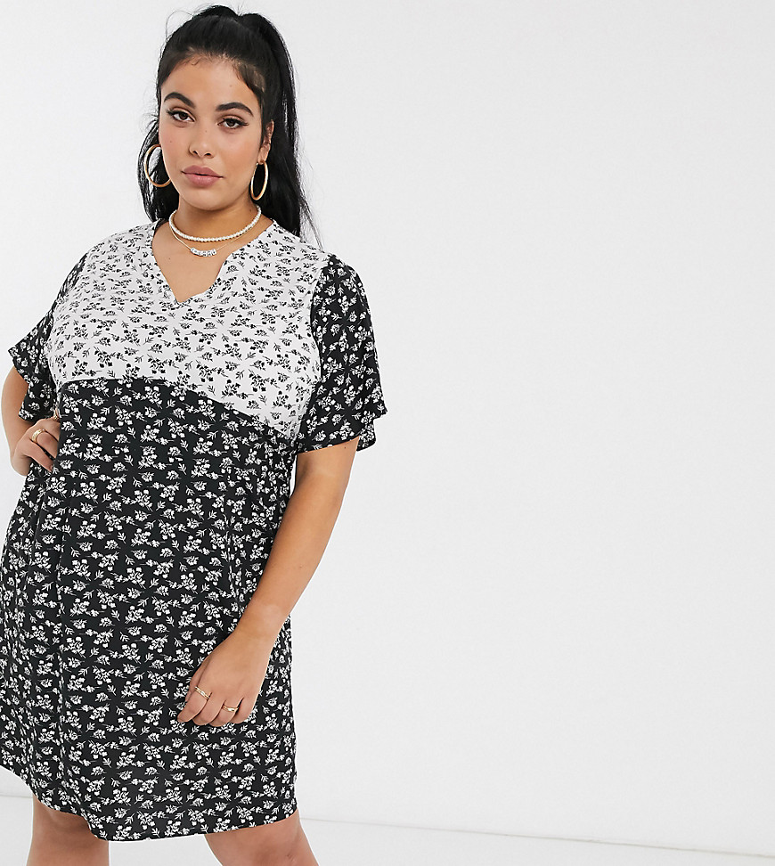 Wednesday's Girl Curve — Mini tea-kjole med blandet vintage blomsterprint-Sort