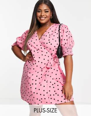 Wednesday's Girl Curve mini wrap dress with shirred sleeves in polka dot-Pink