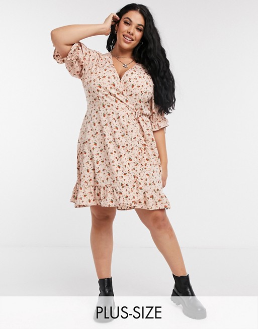 Wednesday's Girl Curve mini wrap dress with tie sleeves in ditsy floral
