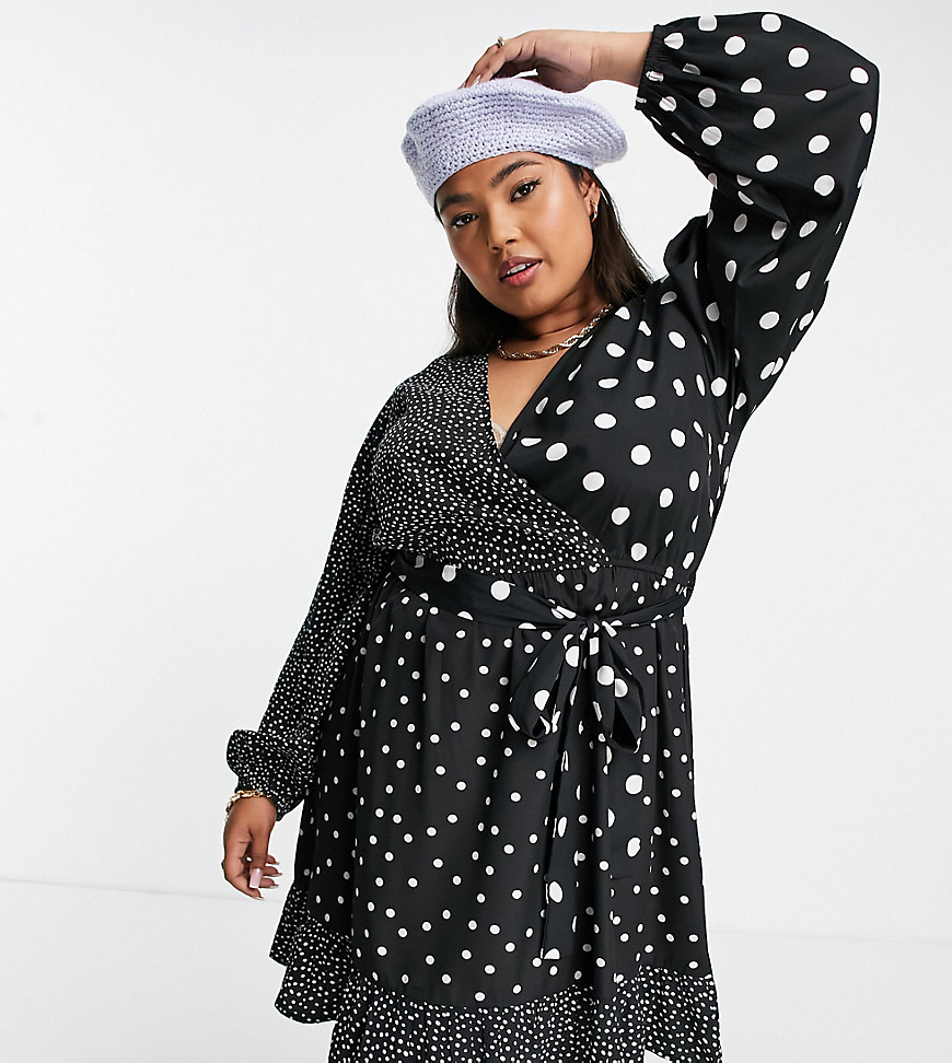 Wednesday's Girl Curve mini wrap tea dress in mix spot print-Multi