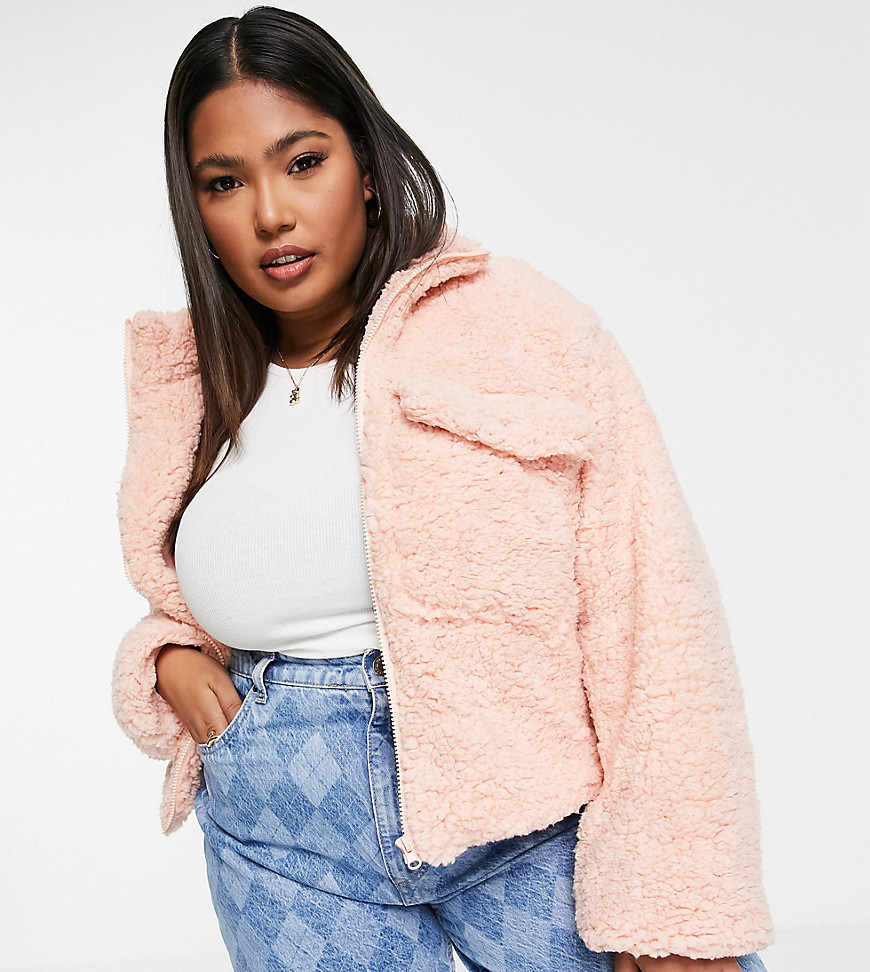 Wednesday's Girl Curve oversized jacket with pocket in shearling-Pink