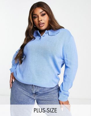 Wednesday's Girl Curve oversized jumper button front collar jumper in blue