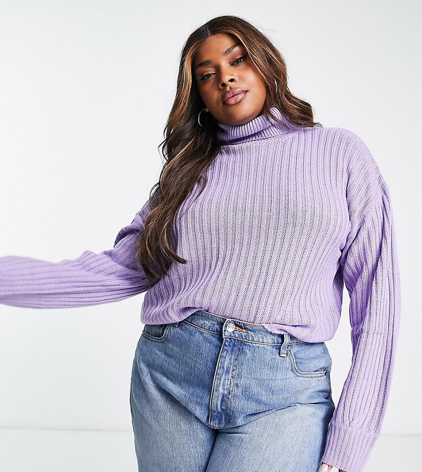 oversized roll neck sweater in lilac rib knit-Purple
