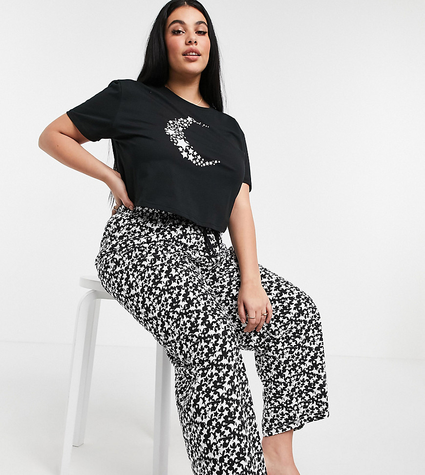 Wednesday's Girl Curve pajama top and bottoms set in celestial moon and star print-Black