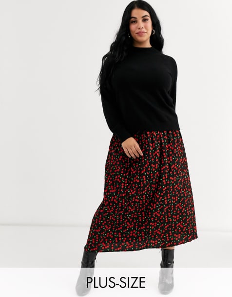 Wednesday's Girl Curve – Plissierter Midirock mit Kirschenmuster