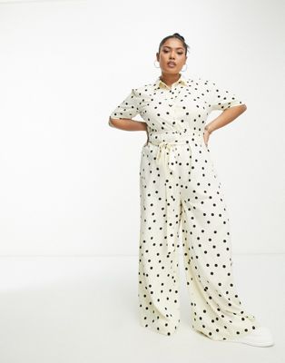 Wednesday's Girl Curve polka dot wide leg button through jumpsuit in cream
