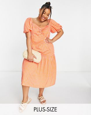 Wednesday's Girl Curve puff sleeve midi smock dress with tiered skirt in bright gingham