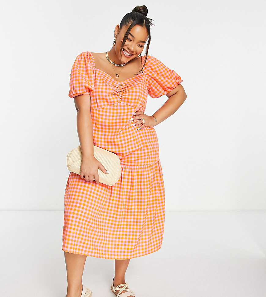 Wednesday's Girl Curve puff sleeve midi smock dress with tiered skirt in bright gingham-Multi