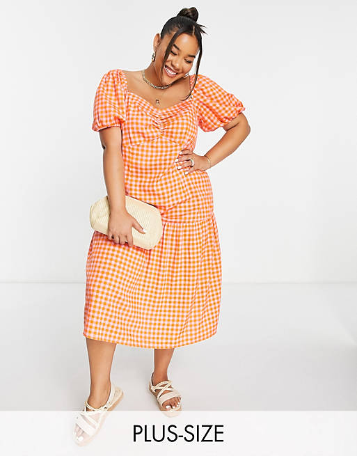 Wednesday's Girl Curve puff sleeve midi smock dress with tiered skirt in bright gingham
