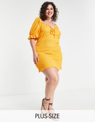 Wednesday's Girl Curve puff sleeve mini tea dress in textured orange