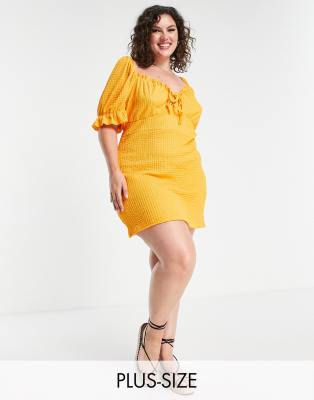 Wednesday's Girl Curve puff sleeve mini tea dress in textured orange - ASOS Price Checker