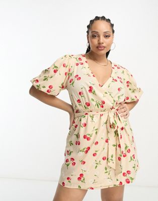 Wednesday's Girl Curve puff sleeve mini wrap dress in cherry print