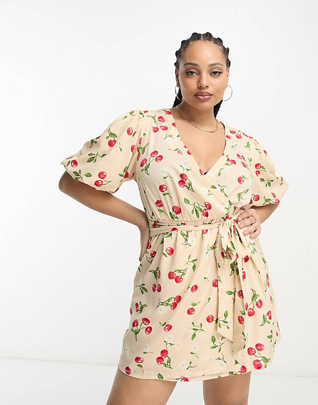 Wednesday's Girl Curve - puff sleeve mini wrap dress in cherry print