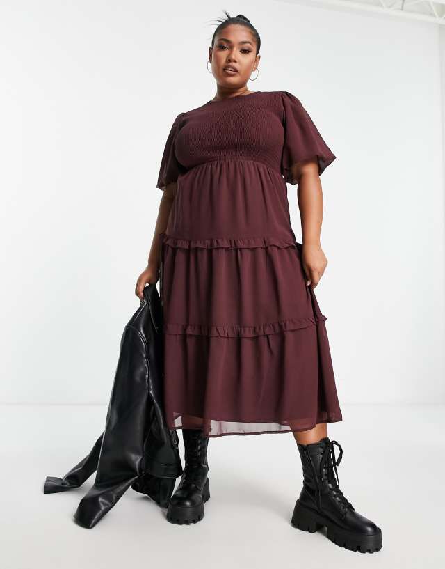 Wednesday's Girl Curve puff sleeve tiered midi dress in plum brown