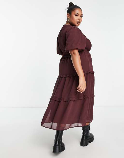 Wednesday's Girl Curve puff sleeve tiered midi dress in plum brown | ASOS